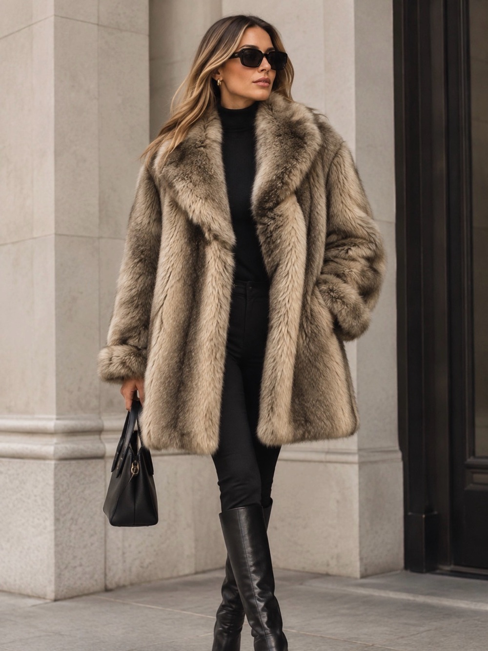 Taupe Faux Fur Peacoat — Elegant Women's Winter Coat size M
